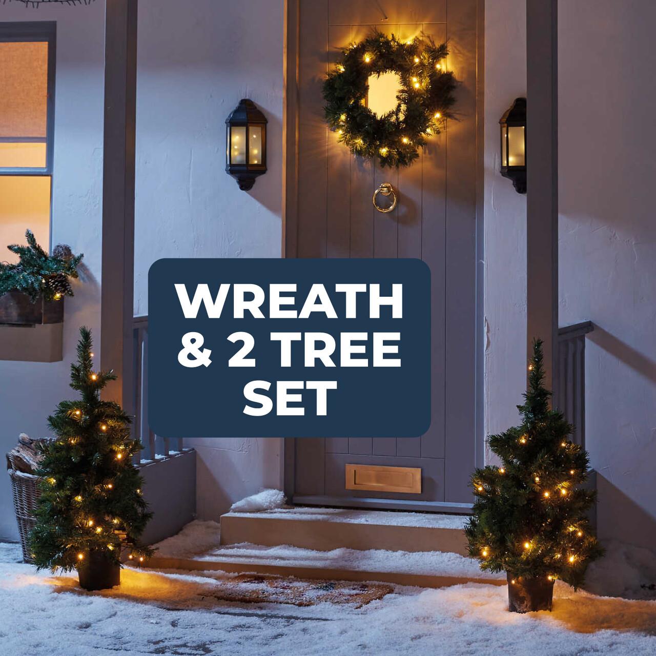 3 Piece Pre-Lit Christmas Decoration Door Wreath And Trees