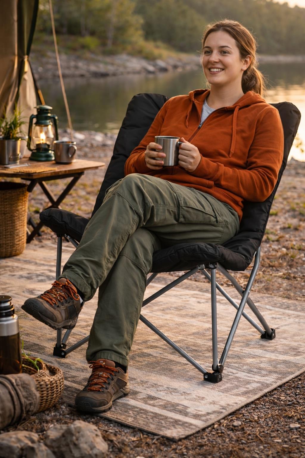 Padded Folding Moon Camping Chair Steel Black + Carry Bag XL