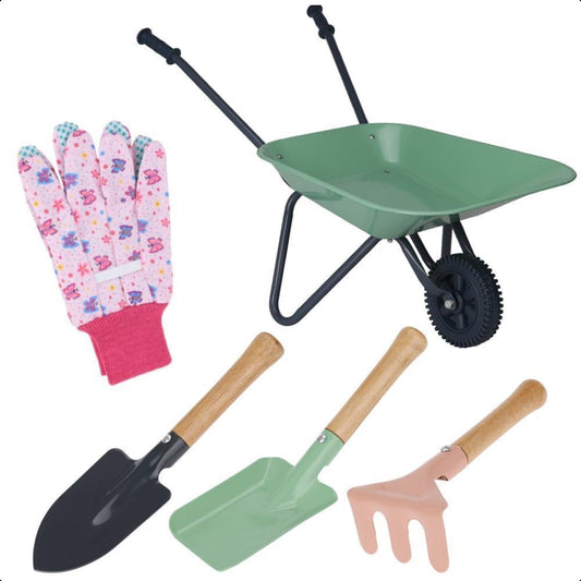 Kids Gardening Set 5pc Wheelbarrrow Spade Rake Spade Gloves