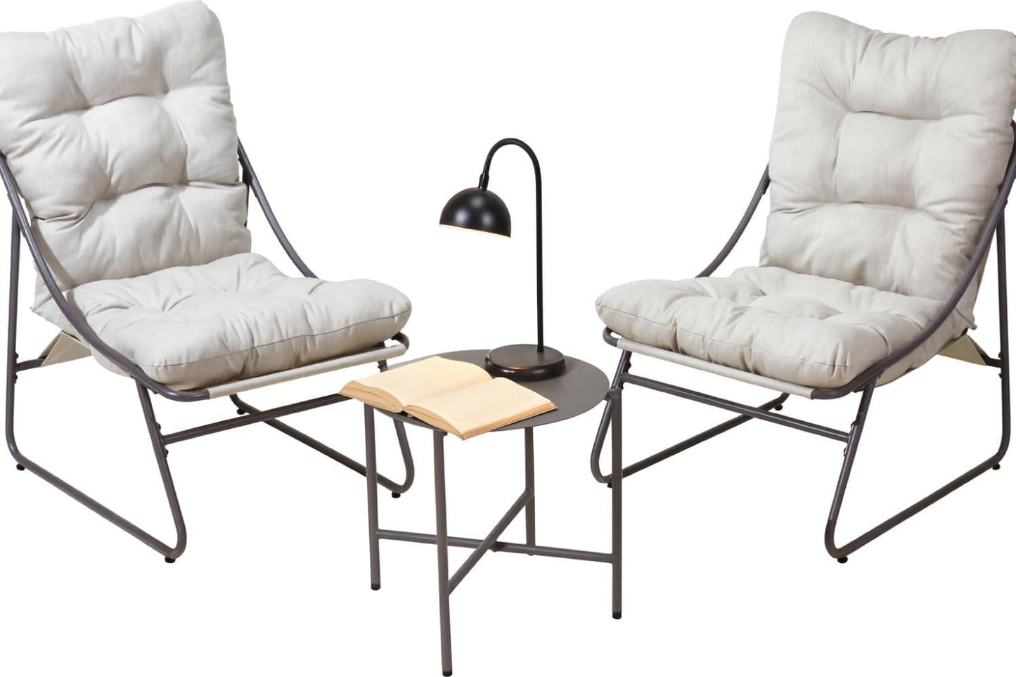 3 Piece Garden Sling Chairs & Table Set Matte Black Steel