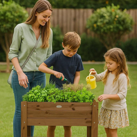 Raised Dark Wooden Planter Bed Garden Vegetables Plants