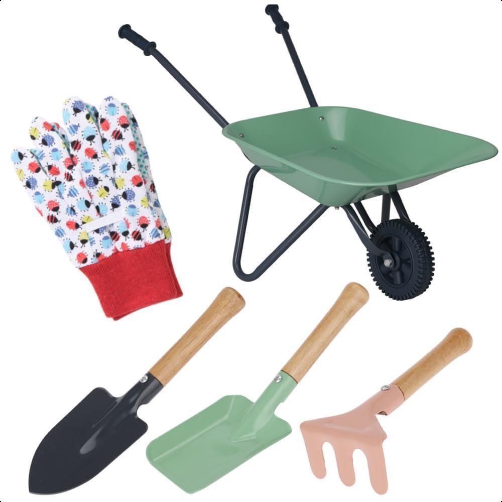 Kids Gardening Set 5pc Wheelbarrrow Spade Rake Spade Gloves
