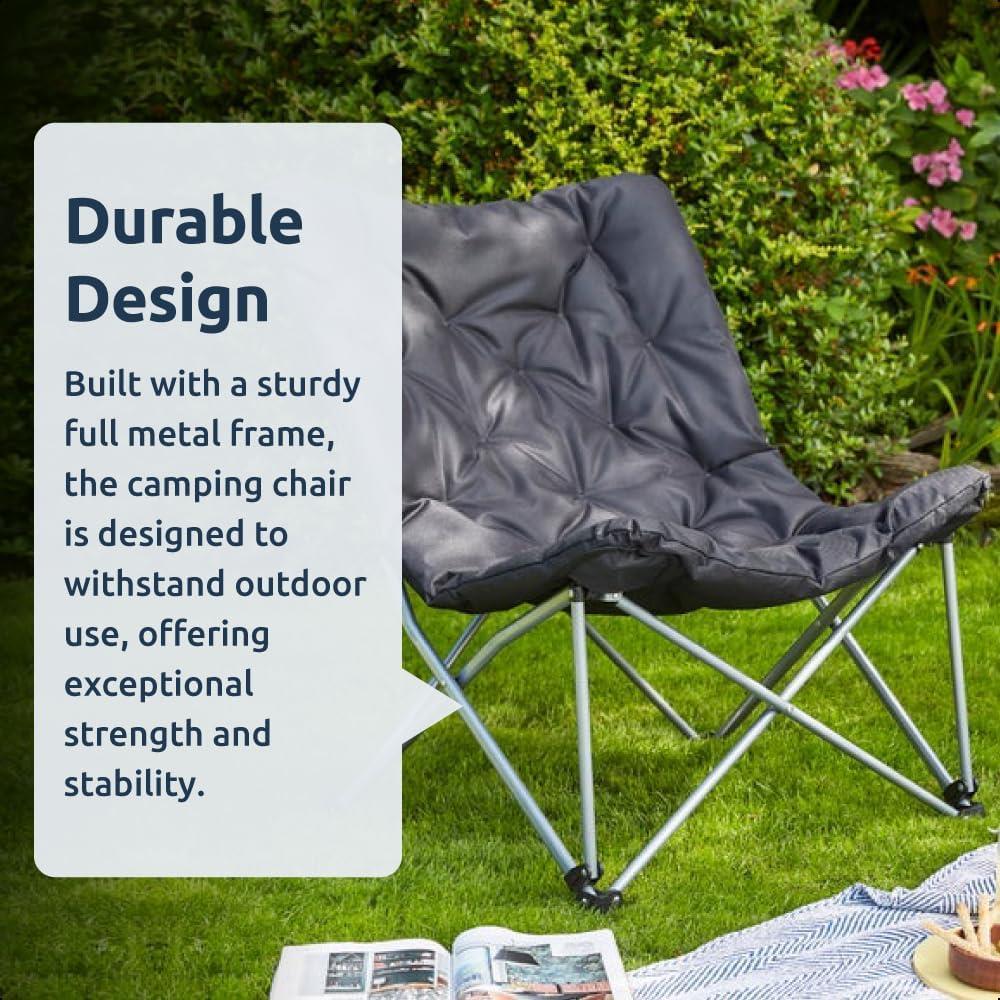 Padded Folding Moon Camping Chair Steel Black + Carry Bag XL