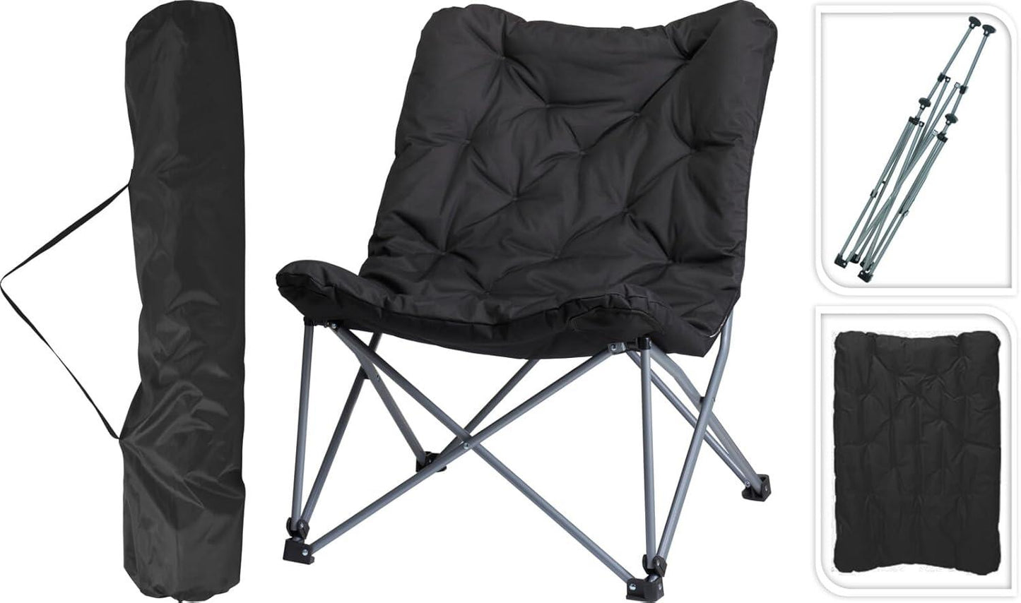 Padded Folding Moon Camping Chair Steel Black + Carry Bag XL