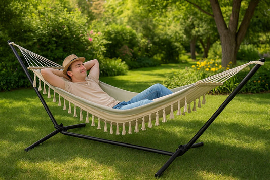 Outdoor Striped Hammock with Heavy-Duty Steel Stand