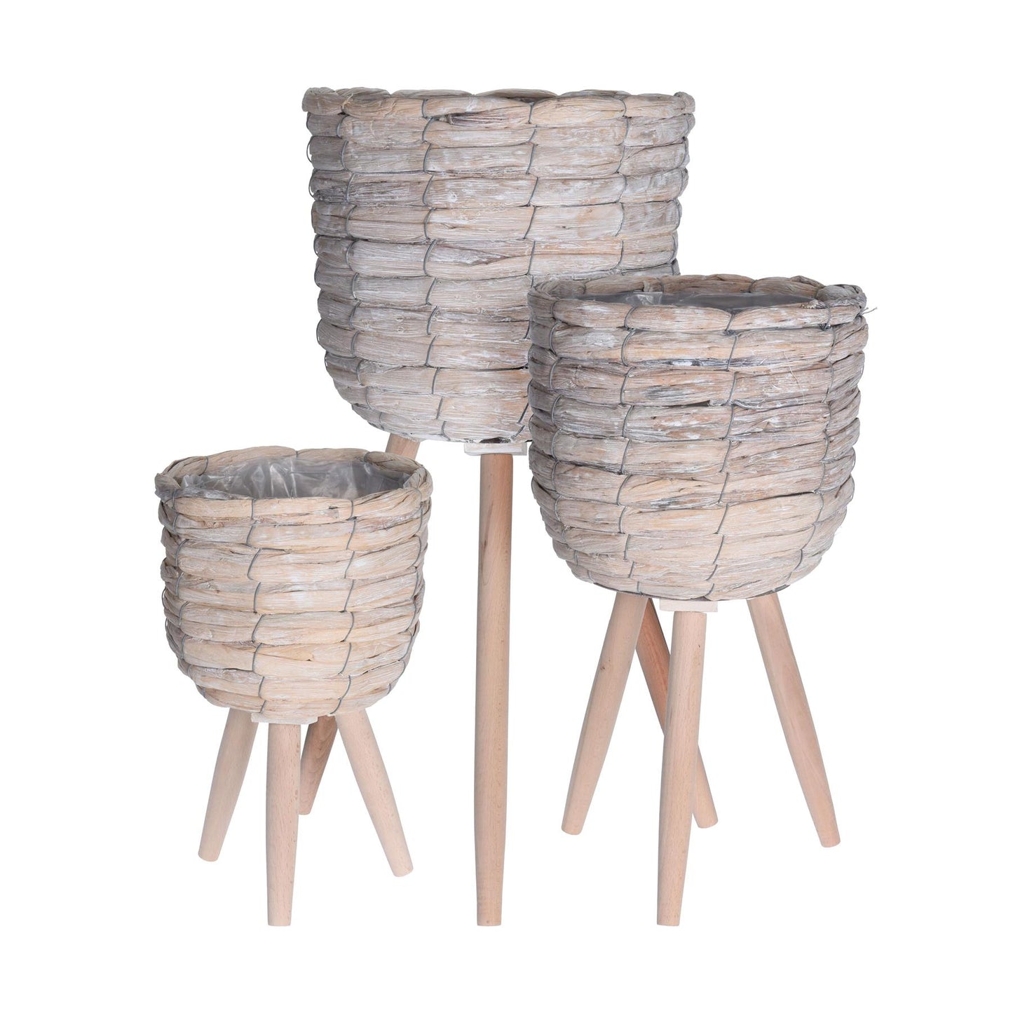 Set of 3 Indoor Plant Pots Wooden Woven Home Decor