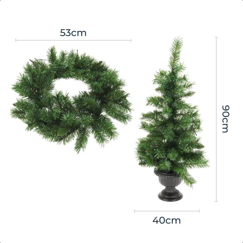 3 Piece Pre-Lit Christmas Decoration Door Wreath And Trees