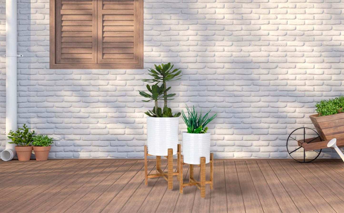 2 Metal Plant Pots Planter Wooden Stands Indoor Grey/White