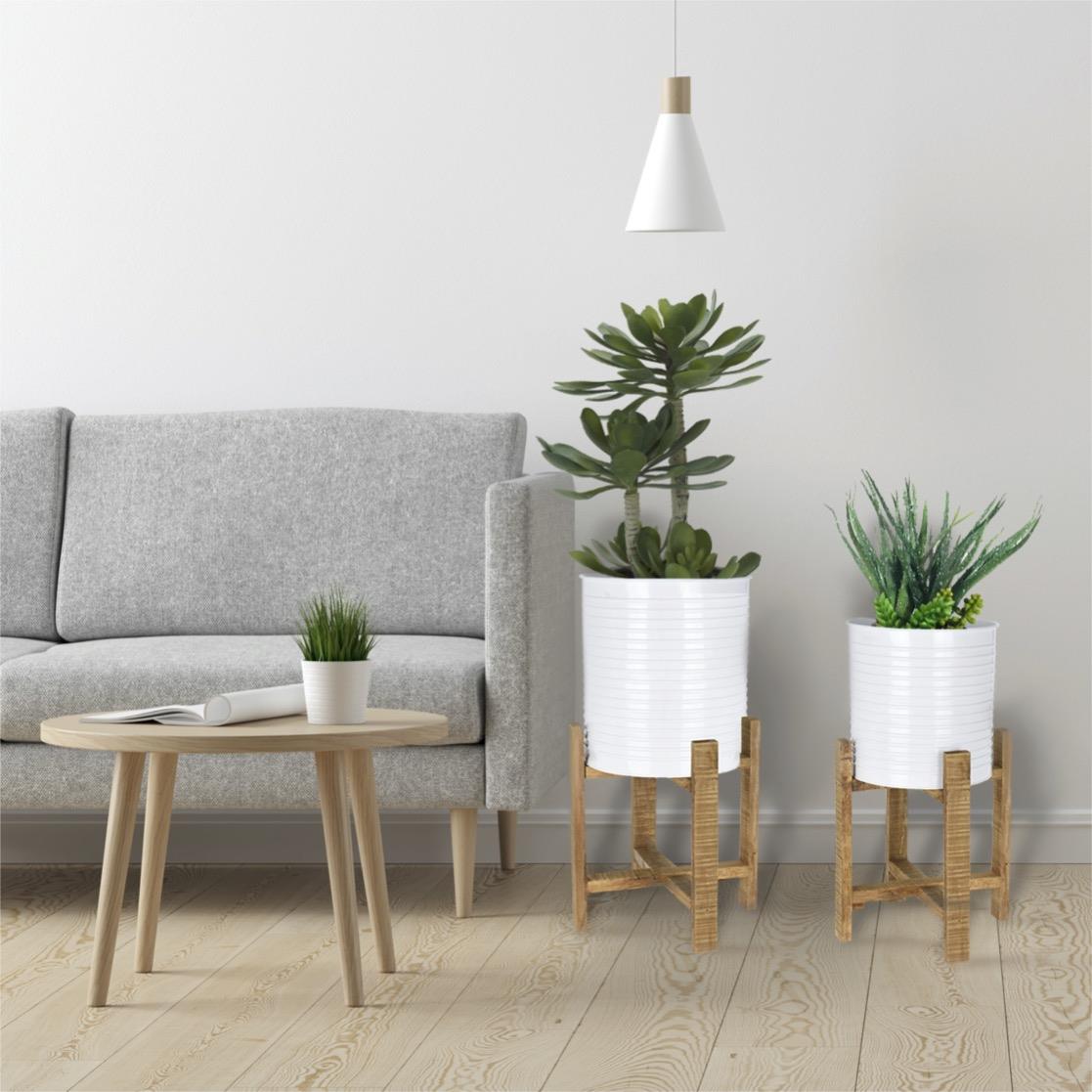 2 Metal Plant Pots Planter Wooden Stands Indoor Grey/White