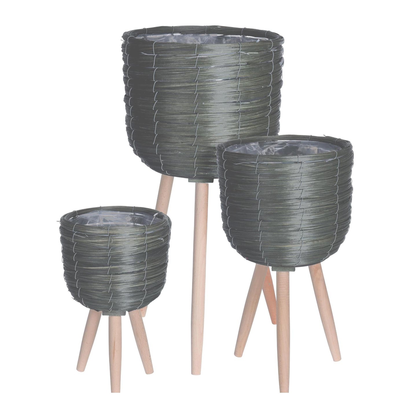 Set of 3 Indoor Plant Pots Wooden Woven Home Decor