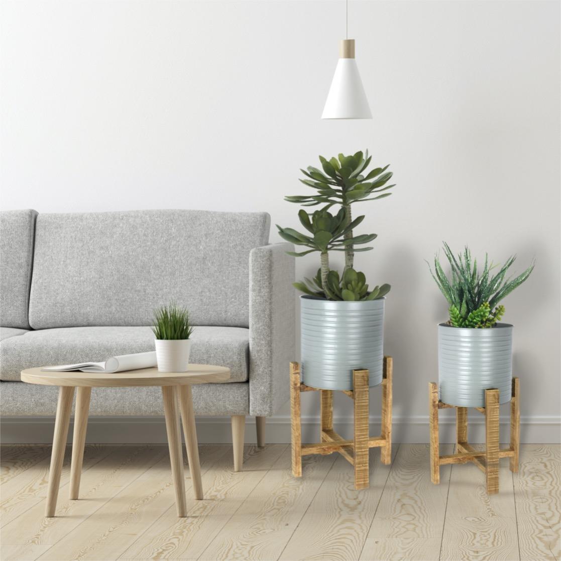 2 Metal Plant Pots Planter Wooden Stands Indoor Grey/White