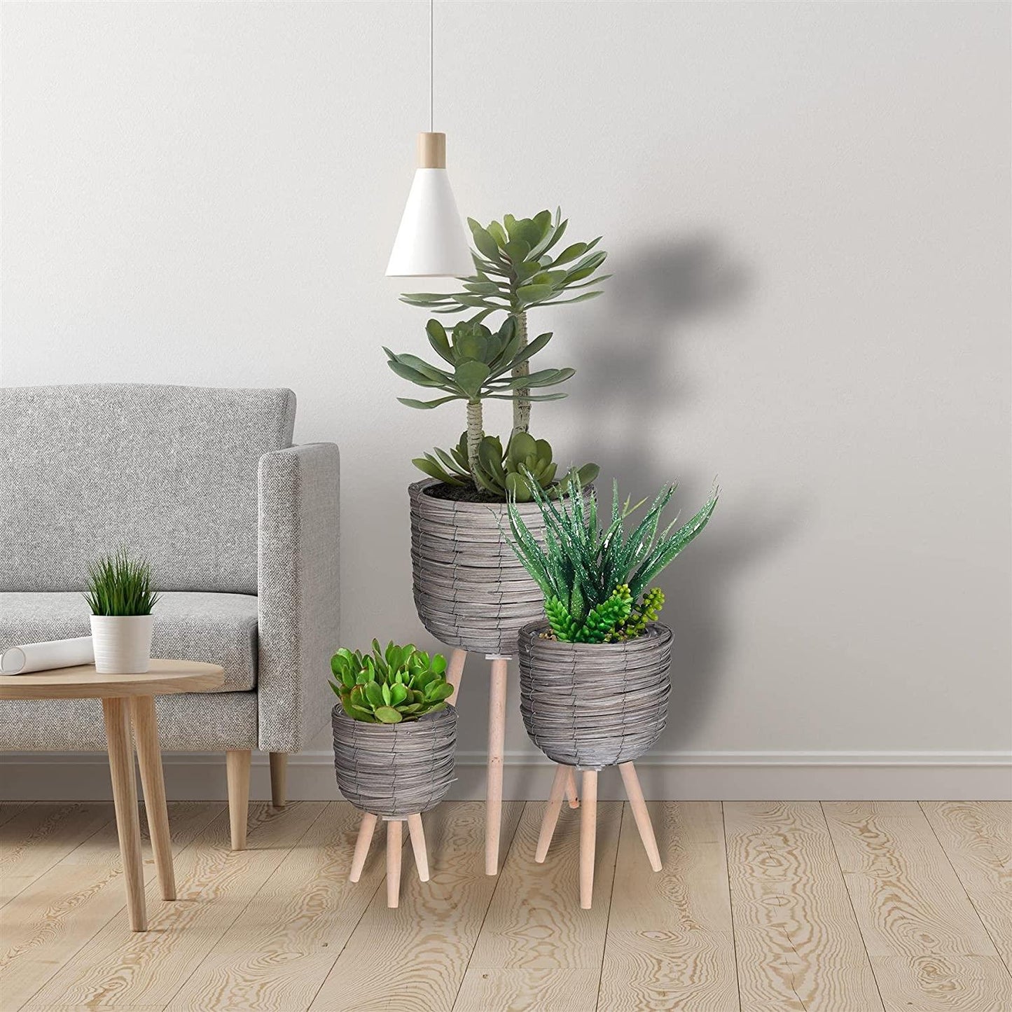 Set of 3 Indoor Plant Pots Wooden Woven Home Decor