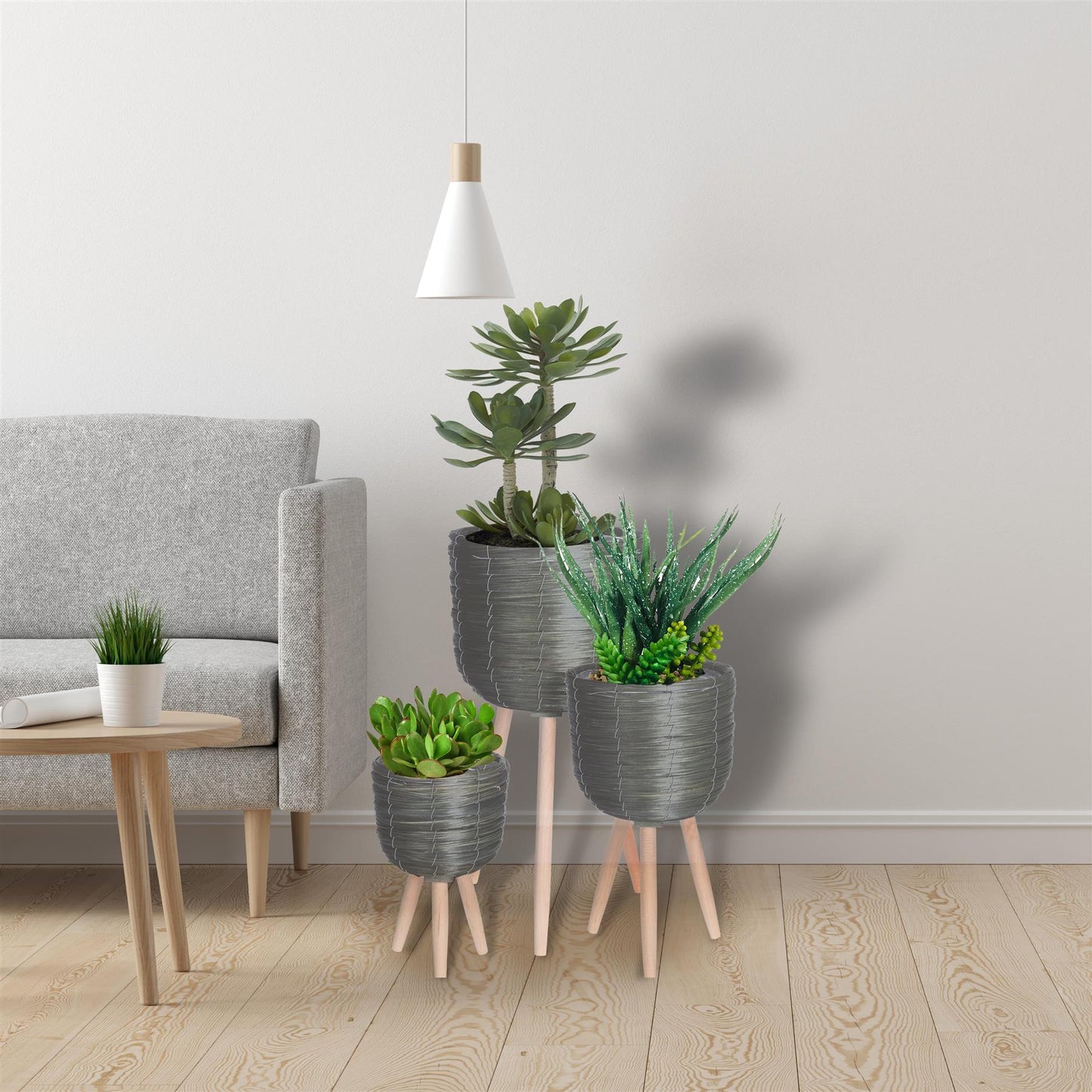 Set of 3 Indoor Plant Pots Wooden Woven Home Decor