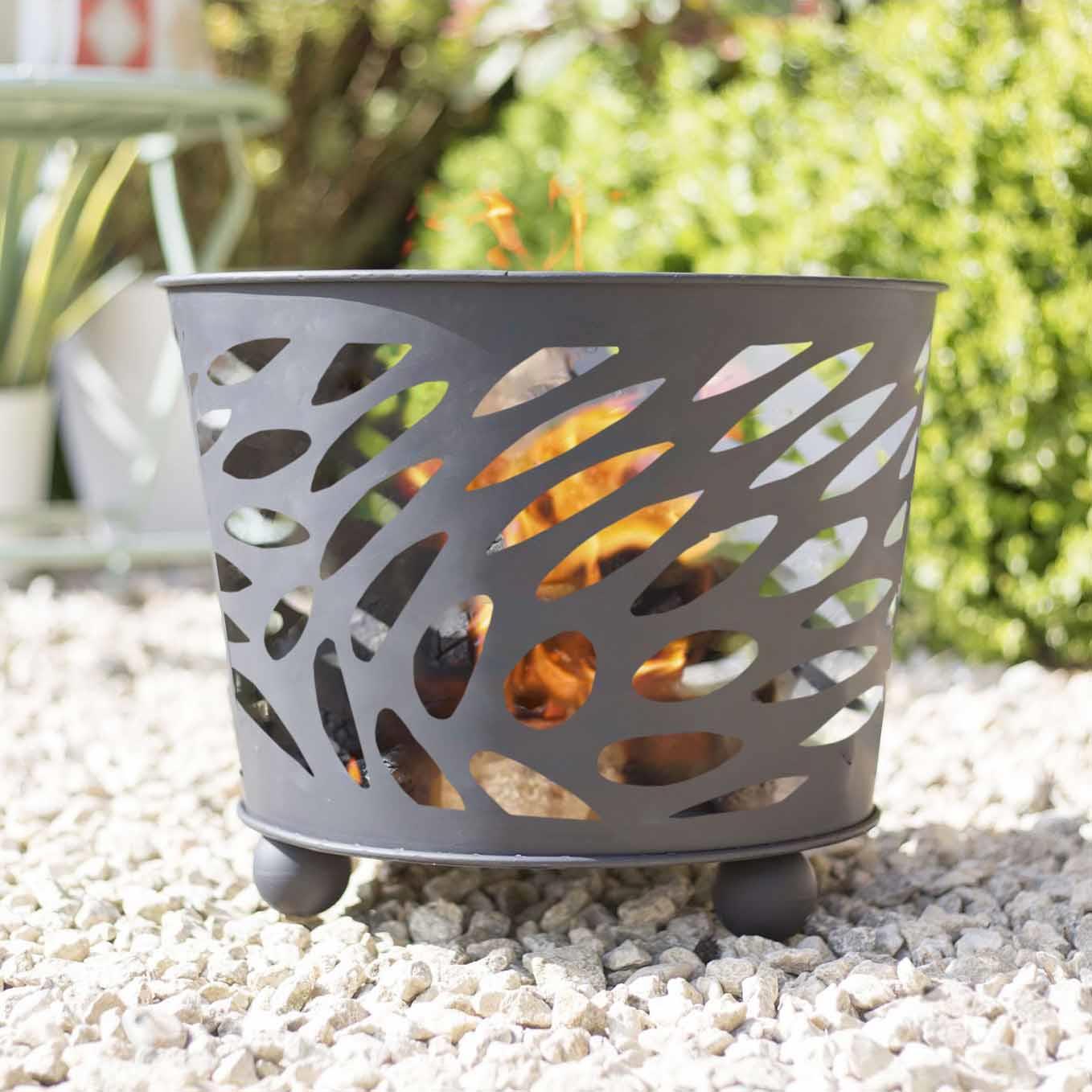 Round Metal Firepit Fire Basket Patterened Black Garden