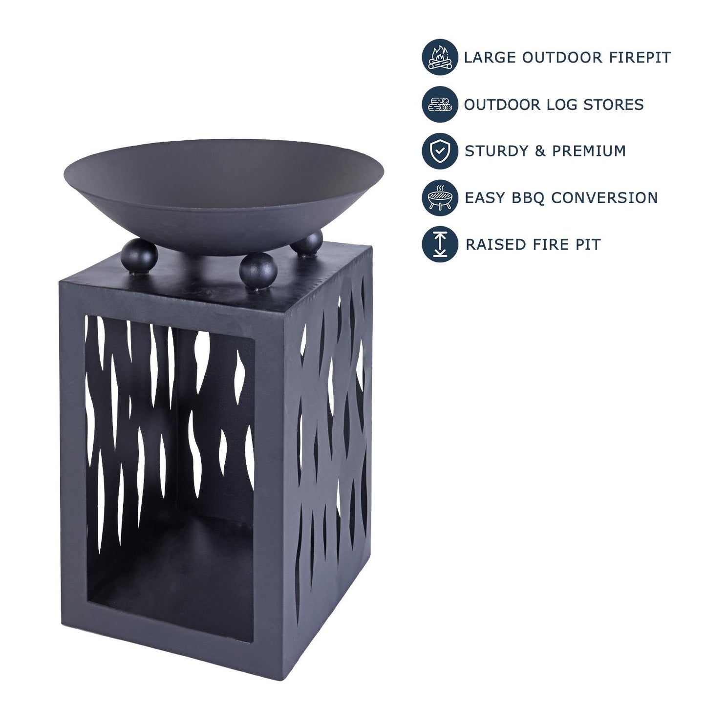 Outdoor Fire Pit Built-In Log Store Garden Patio Black