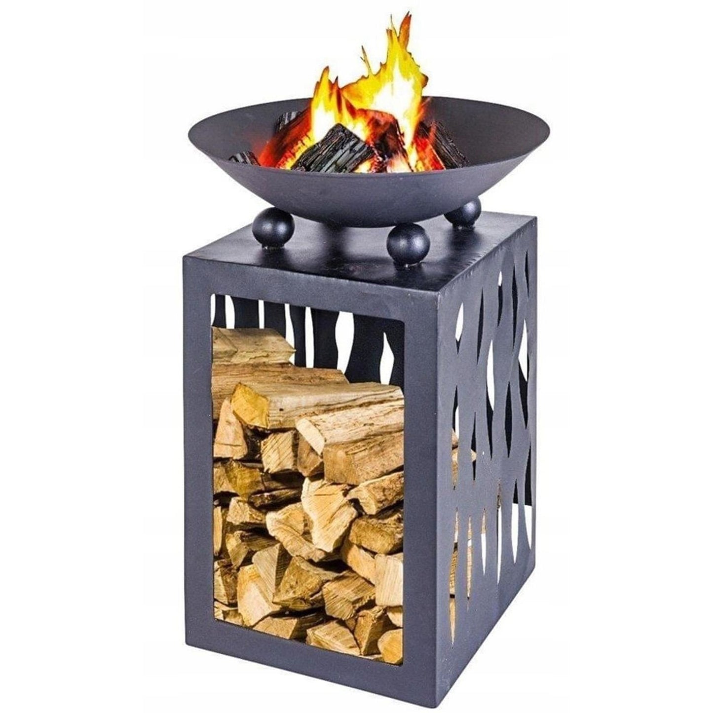 Outdoor Fire Pit Built-In Log Store Garden Patio Black