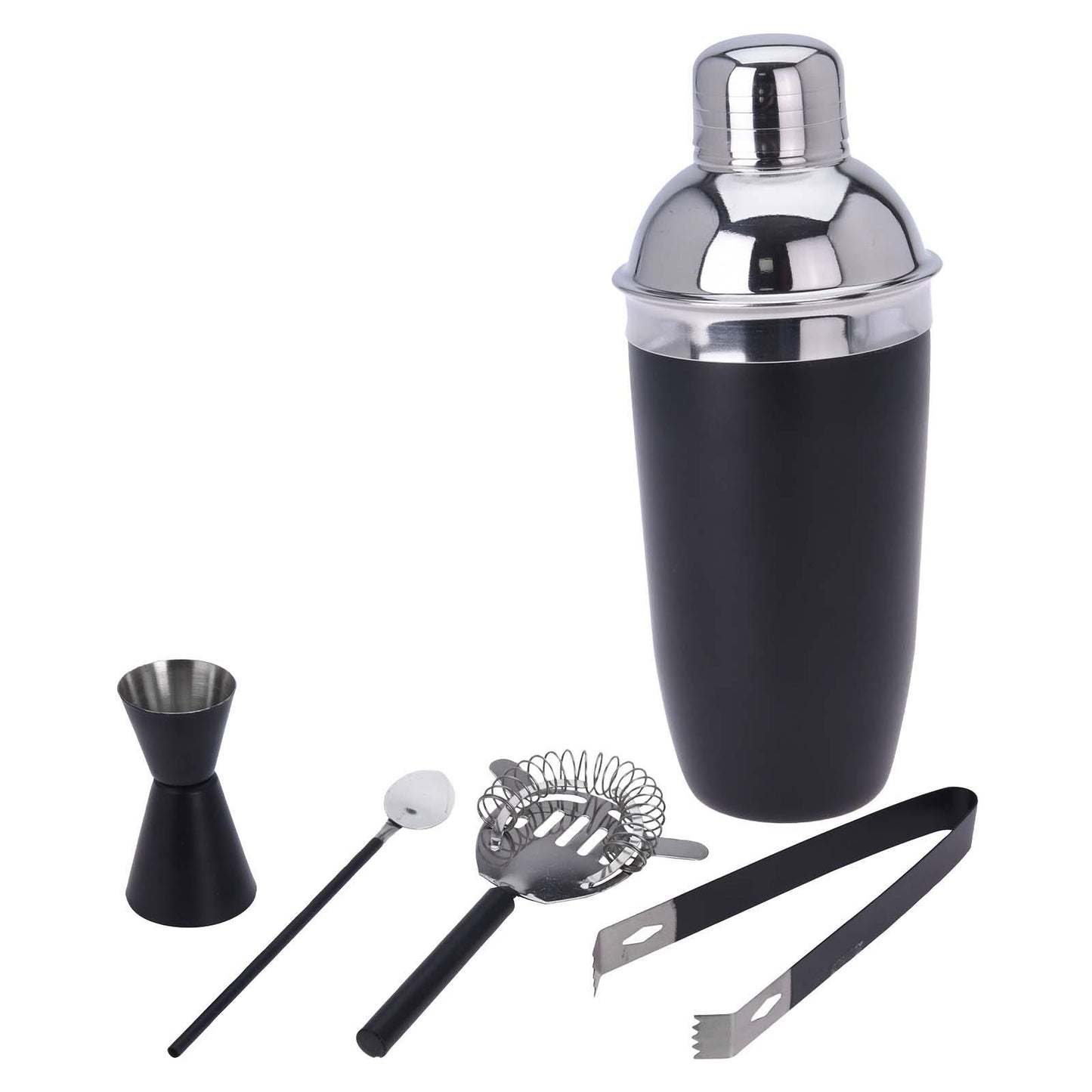 5pc Black Cocktail Shaker Strainer Set Jigger Tongs