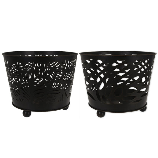 Round Metal Firepit Fire Basket Patterened Black Garden