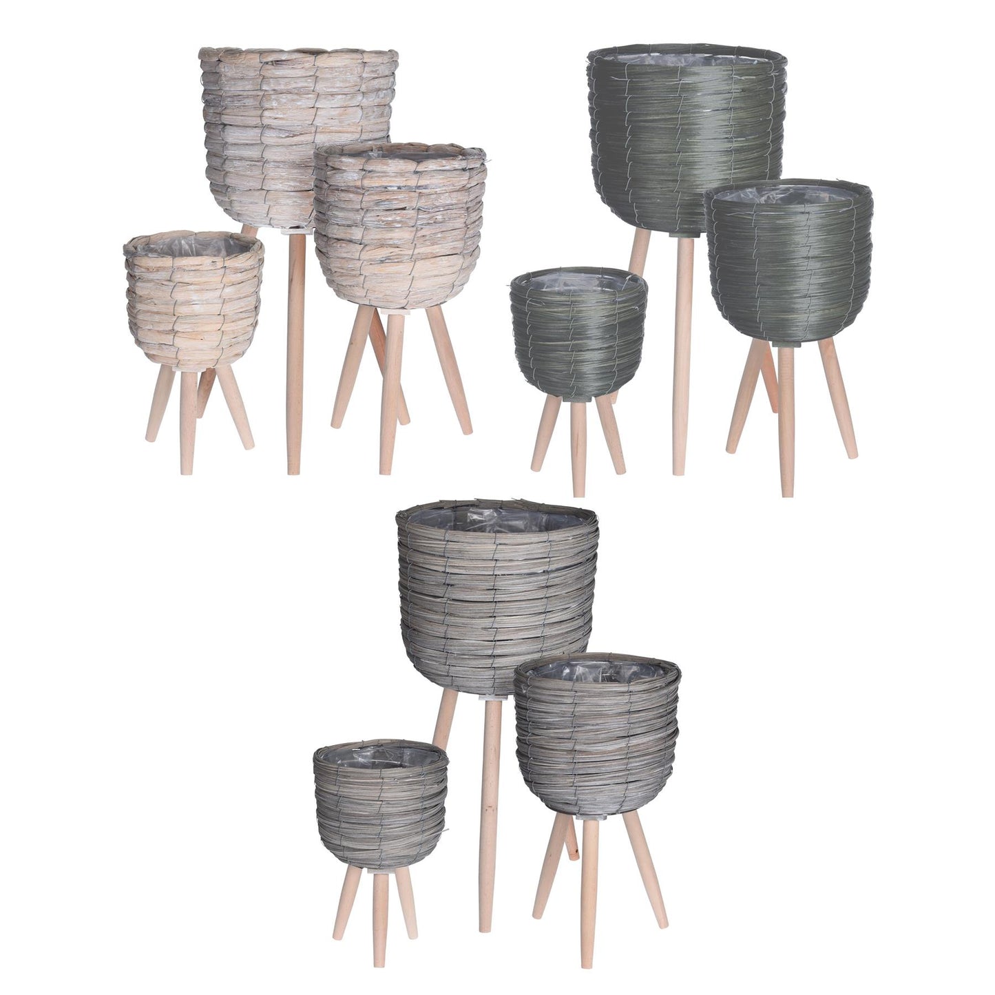 Set of 3 Indoor Plant Pots Wooden Woven Home Decor