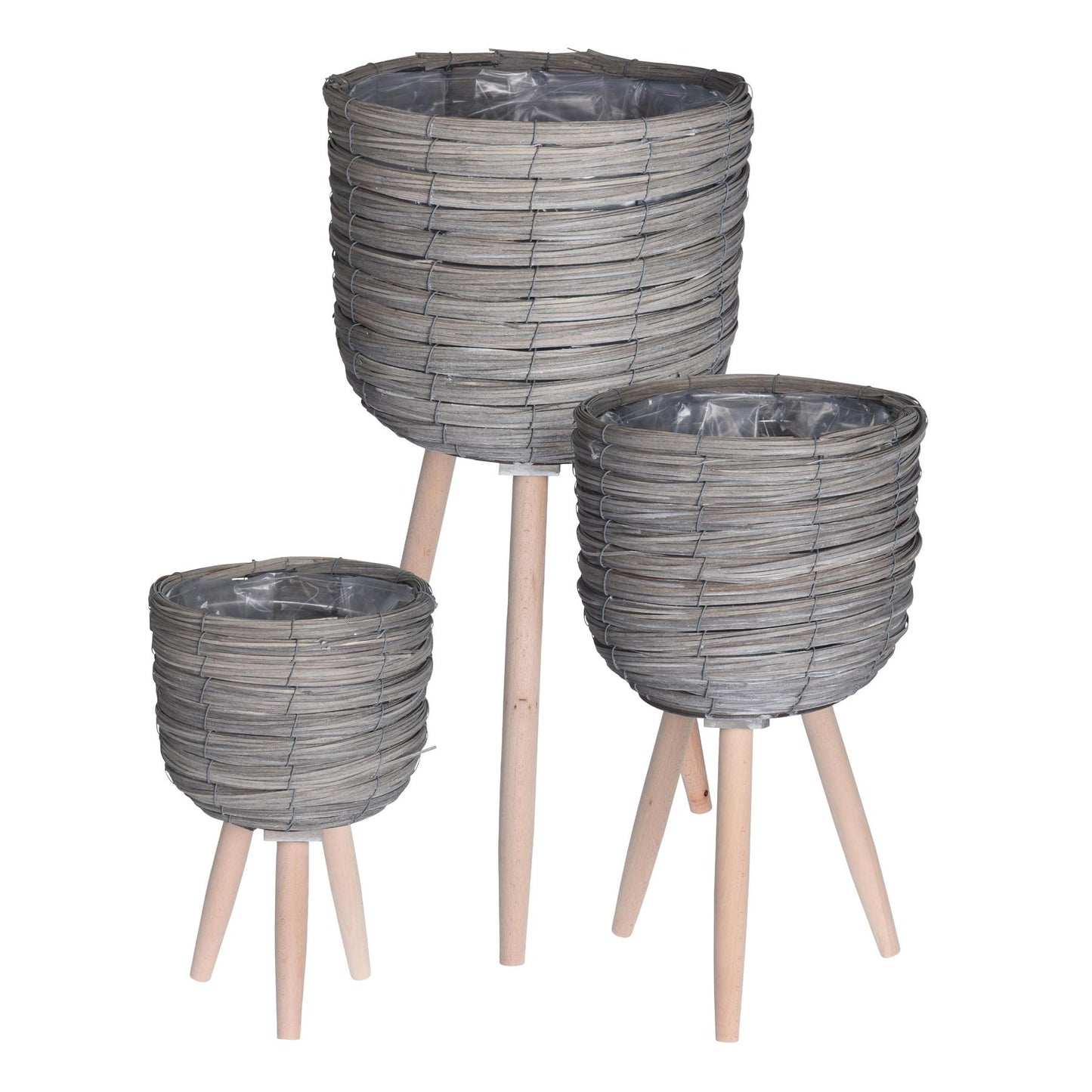 Set of 3 Indoor Plant Pots Wooden Woven Home Decor