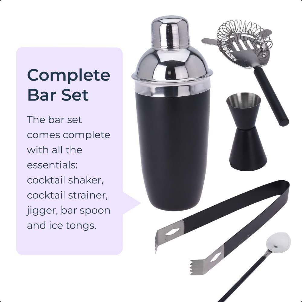 5pc Black Cocktail Shaker Strainer Set Jigger Tongs