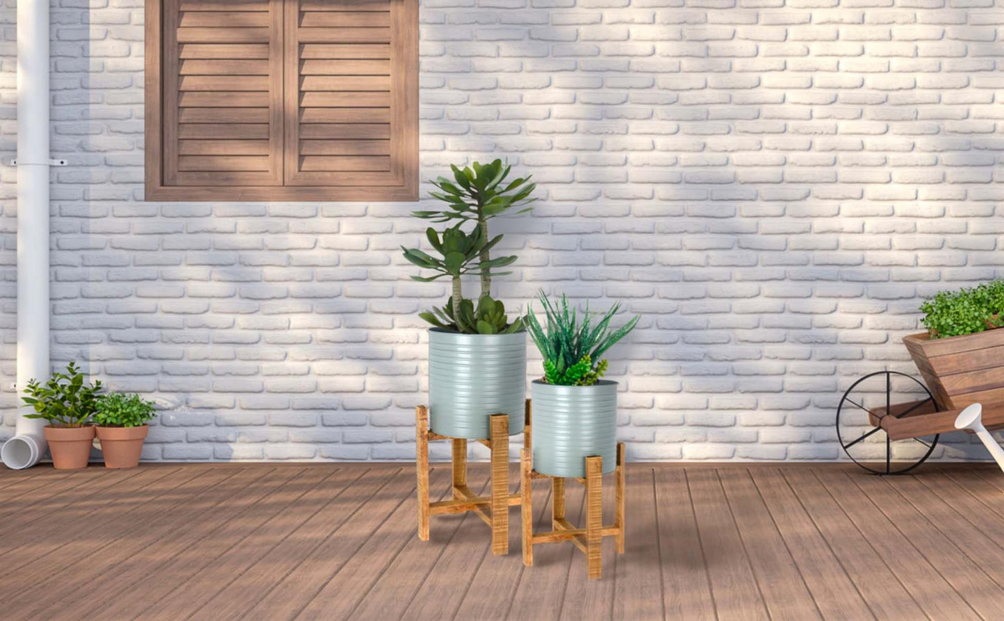 2 Metal Plant Pots Planter Wooden Stands Indoor Grey/White