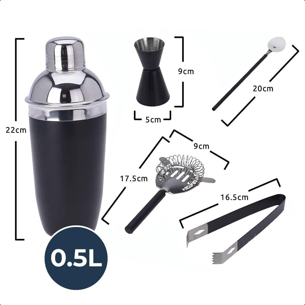 5pc Black Cocktail Shaker Strainer Set Jigger Tongs