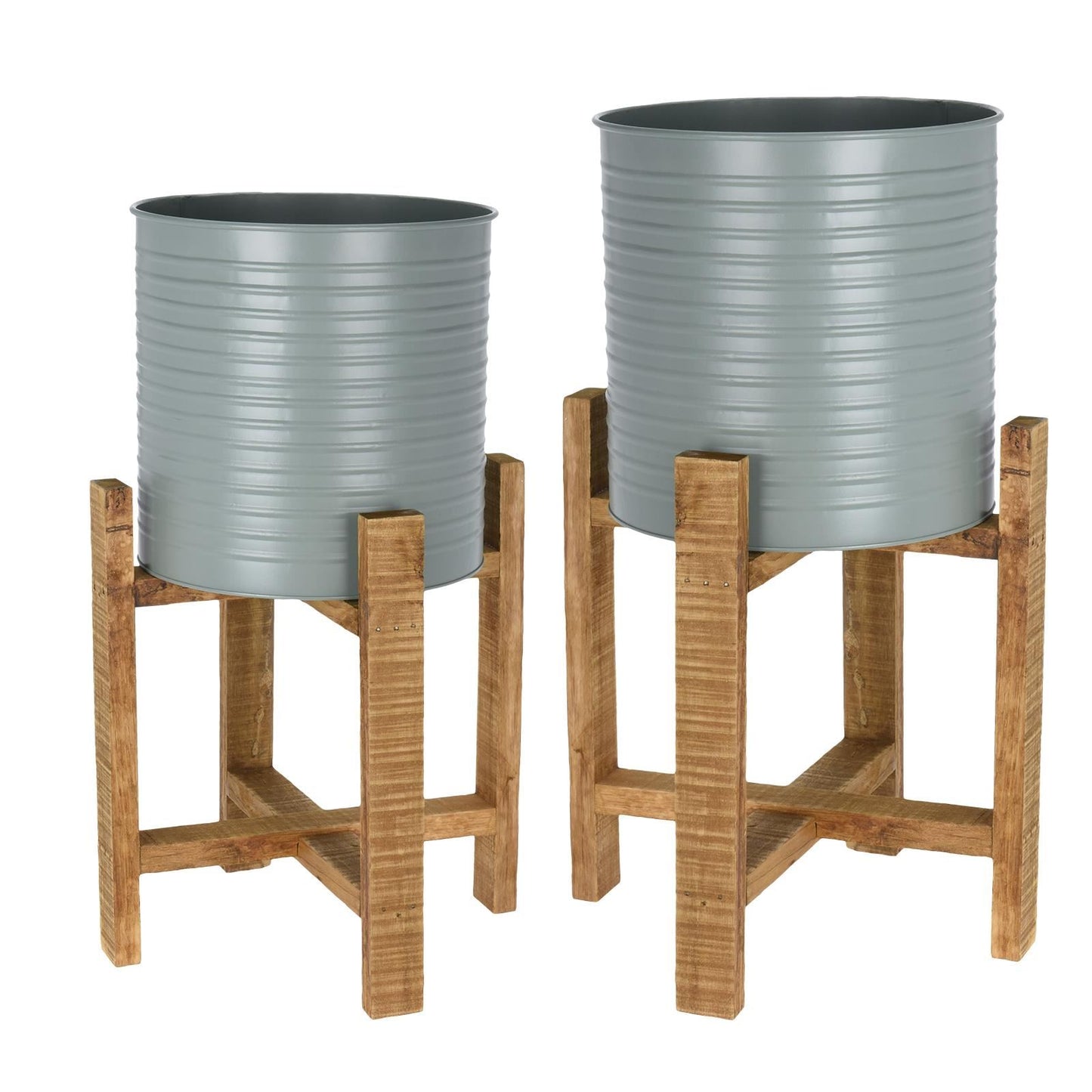 2 Metal Plant Pots Planter Wooden Stands Indoor Grey/White